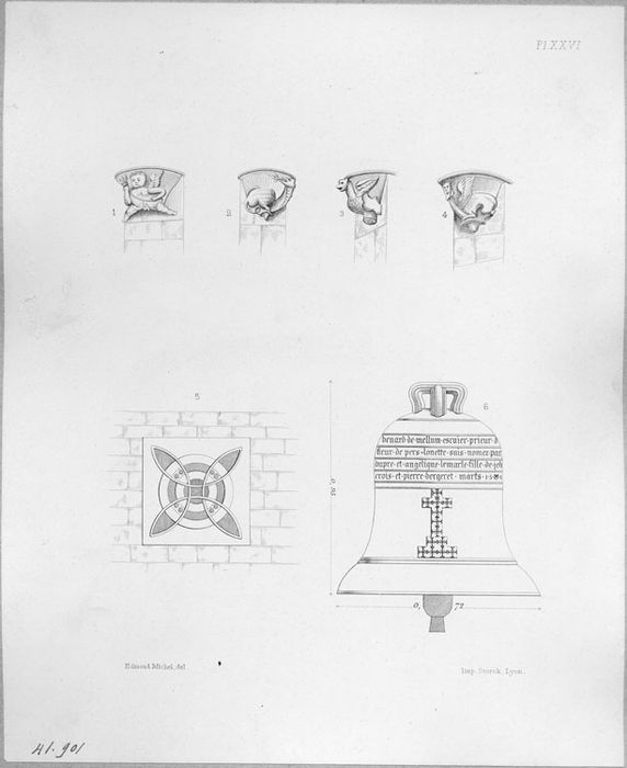 un détail architectural de la façade ouest de l'église de Rozoy-le-Vieil (élément réemployé) ; cloche de l'église de Pers-en-Gâtinais ; consoles provenant de l'église de Pannes dans le Loiret.