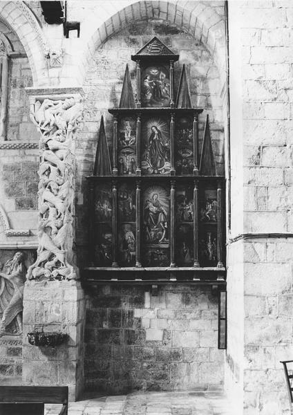 retable : Scènes de la vie du Christ, saint Benoît et sainte scolastique au pied de la Vierge (retable formé de panneaux peints)