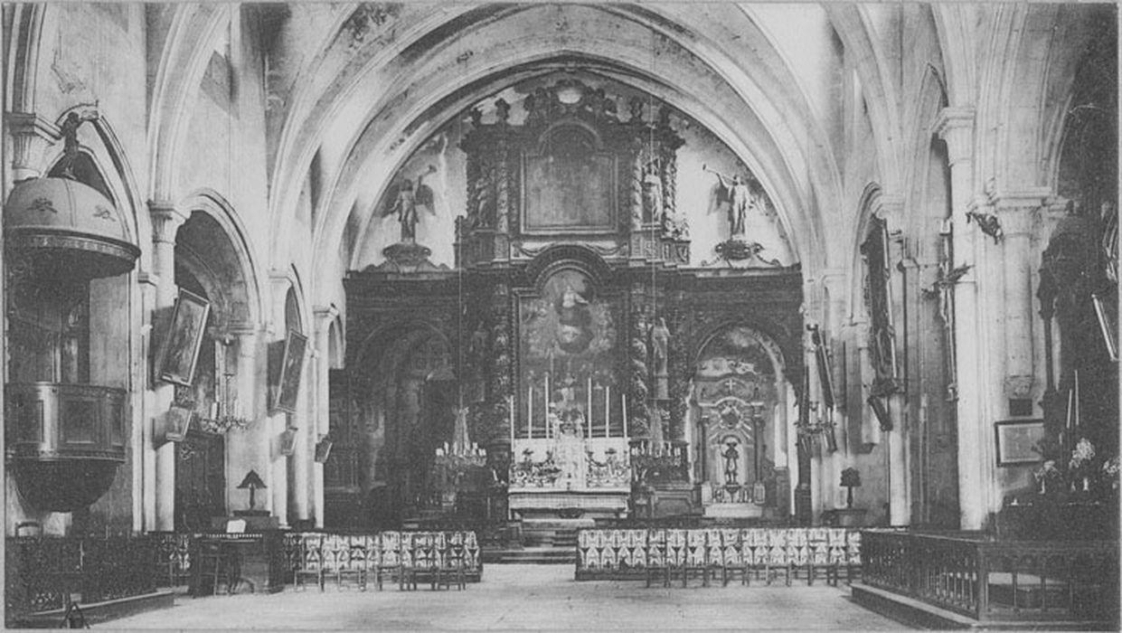 retable : le Couronnement de la Vierge, saint Benoît, saint Bernard, saint François-de-Sales, saint Joseph, ancien testament (l'), nouveau testament