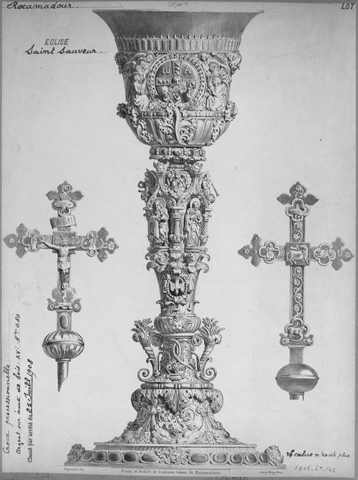 croix de procession : Vierge et saint Jean (la), Christ en croix, pélican (un), Adam sortant du tombeau ; calice - © Ministère de la Culture (France), Médiathèque du patrimoine et de la photographie, diffusion RMN-GP