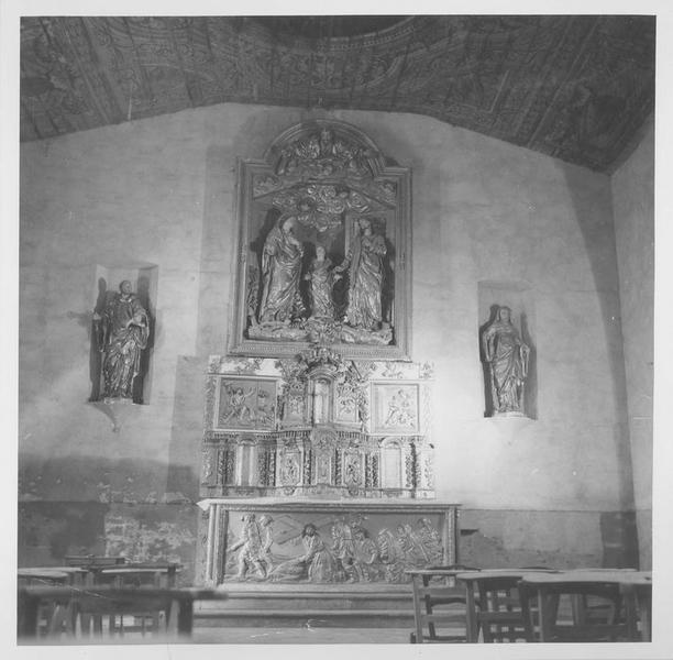 autel, retable, statues : saint Benoît, sainte Scholastique, vue générale