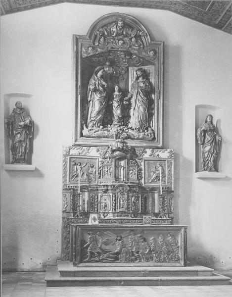 autel, retable, statues : saint Benoît, sainte Scholastique, vue générale