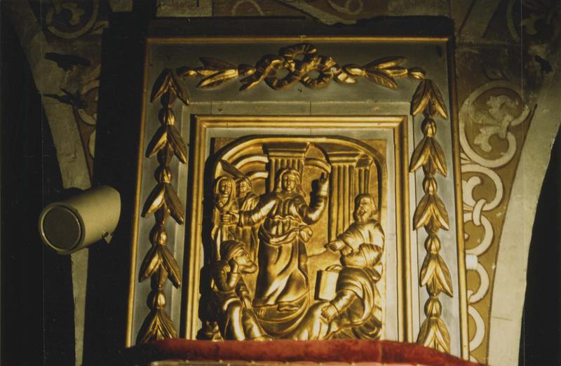 chaire à prêcher, détail d'un bas-relief : Le Christ et les docteurs de l'église - © Ministère de la Culture (France), Médiathèque du patrimoine et de la photographie (objets mobiliers), tous droits résevés