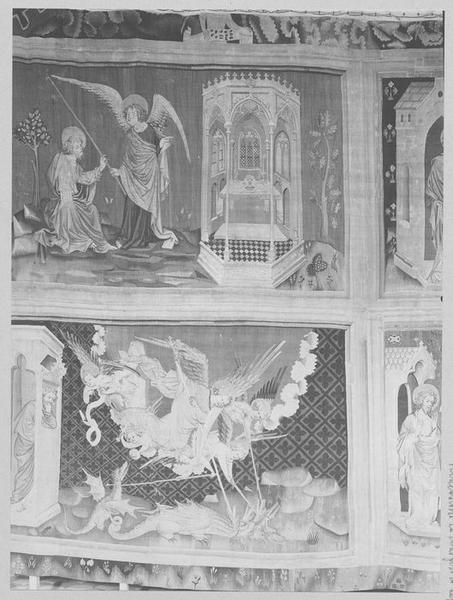 pièces murales : tenture de l'Apocalypse (saint-Jean reçoit la règle pour mesurer le temple ; saint-Michel et les anges terrassant le dragon à sept têtes)