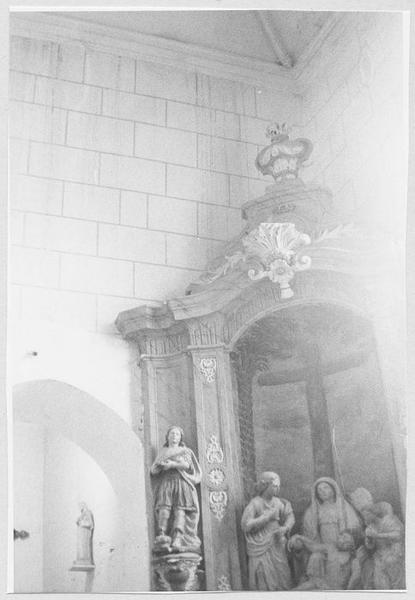 retable, groupe sculpté : la Déposition de croix, 2 statues : saint Sébastien, saint Louis