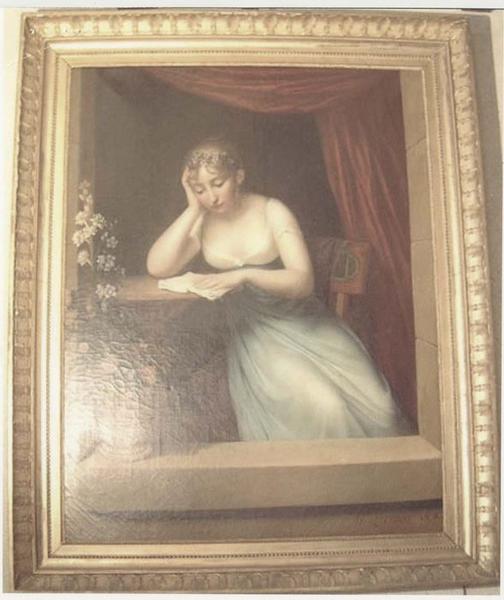 tableau et son cadre : Jeune fille près d'une fenêtre pleurant sur un passage d'Atala