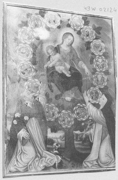 Tableau : l'Institution du Rosaire avec saint Dominique et sainte Catherine et quinze scènes de la Vie de la Vierge