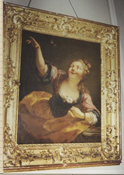 tableau et son cadre : Scène de genre représentant une femme jouant avec un oiseau - © Ministère de la Culture (France), Médiathèque du patrimoine et de la photographie (objets mobiliers), tous droits réservés