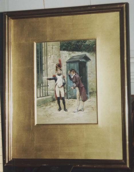 tableau et son cadre : Scène de genre néo-révolutionnaire : la sentinelle et l'égaré - © Ministère de la Culture (France), Médiathèque du patrimoine et de la photographie (objets mobiliers), tous droits réservés