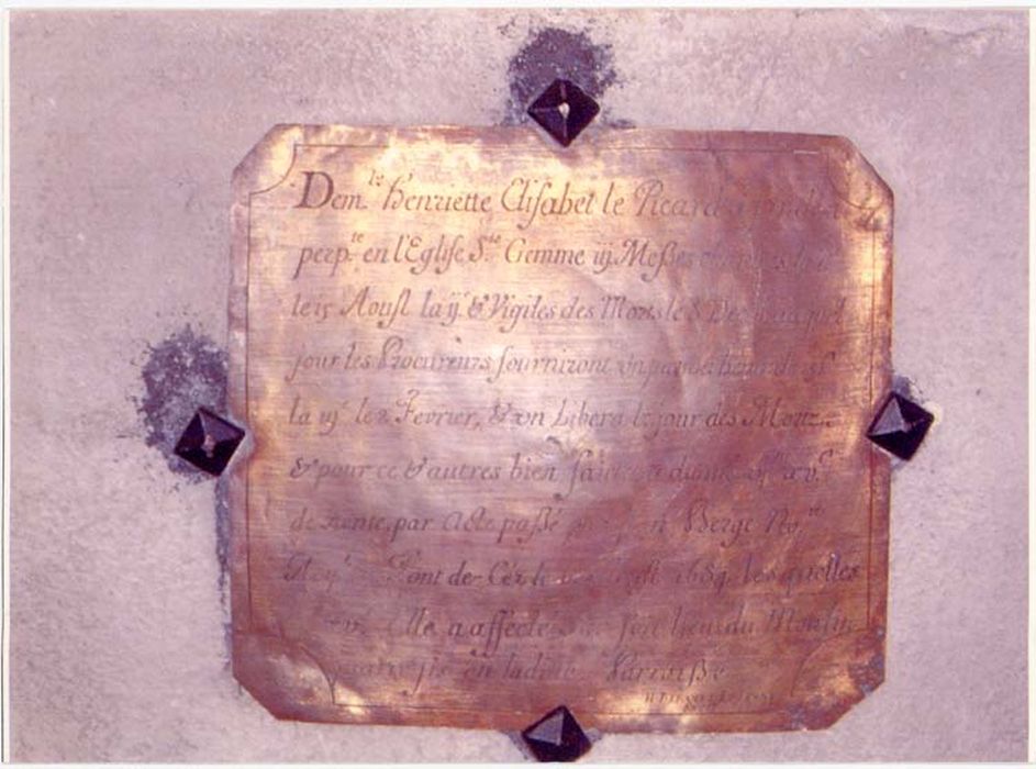 plaque commémorative (plaque de fondation de messes) - © Ministère de la Culture (France), Médiathèque du patrimoine et de la photographie, diffusion GrandPalaisRmn Photo