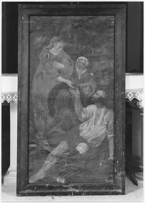 tableau : Sainte Jeanne de Chantal donnant l'aumône