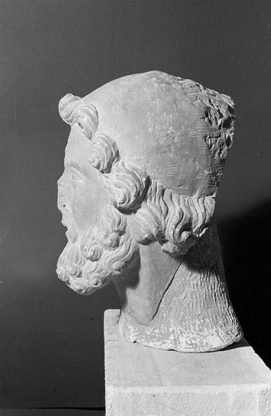 Statue en pierre de Romain, fragment : tête d'homme barbu, profil gauche