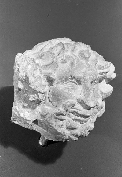 Statue en pierre de Romain, fragment : tête d'homme barbu grimaçant, de trois quarts droit