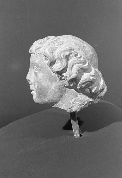 Statue en pierre de Romain, fragment : tête de jeune ecclésiastique, profil gauche