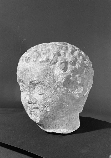 Statue en pierre de Saint-Maximin, fragment : tête d'enfant, de trois quarts gauche