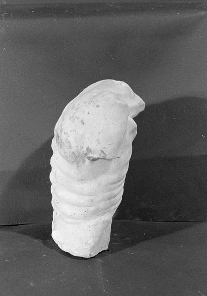 Statue en marbre blanc, fragment : torse d'homme décharné, profil droit