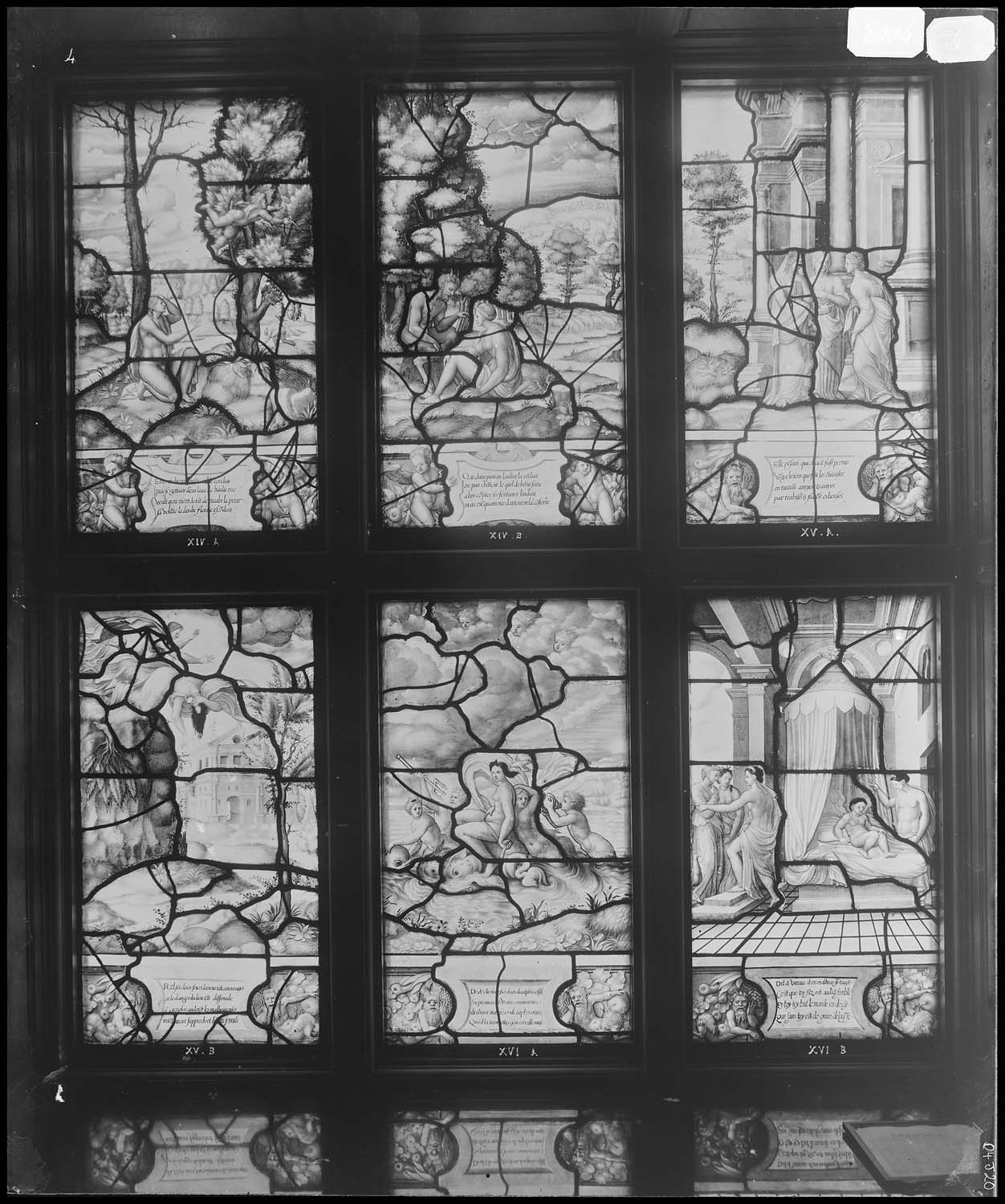 Panneaux de vitrail XIV A, XIV B, XV A, XV B, XVI A et XVI B : Histoire de Psyché