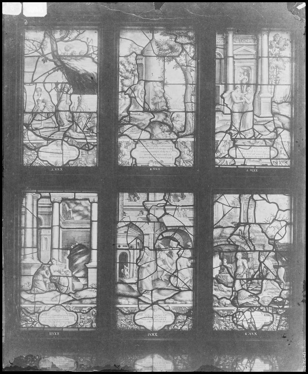 Panneaux de vitrail XXIV A, XXIV B, XXV A, XXV B, XXVI et XXVII B : Histoire de Psyché