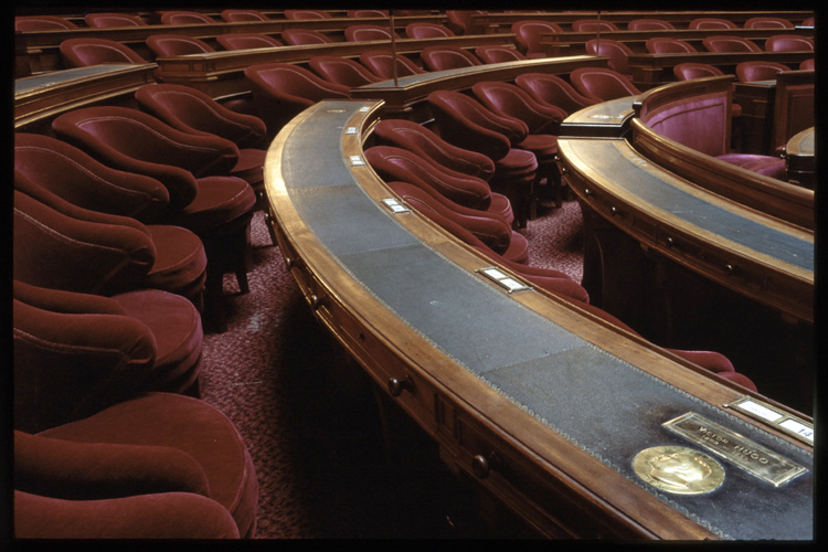 Salle des Séances : hémicycle des pairs , médaille commémorative de Victor Hugo