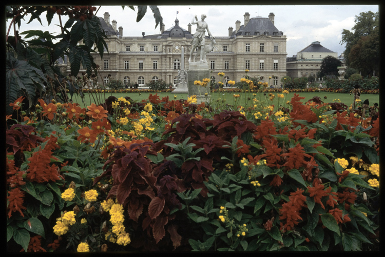 Façade sud et parterre fleuri : statue : Diane chasseresse