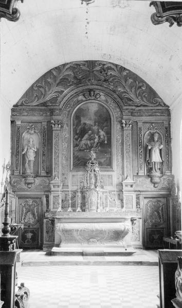 maître-autel, tabernacle, exposition, retable, tableau : L'Adoration des Mages, portes, 2 statues : Saint Grégoire, Sainte Colombe, vue générale