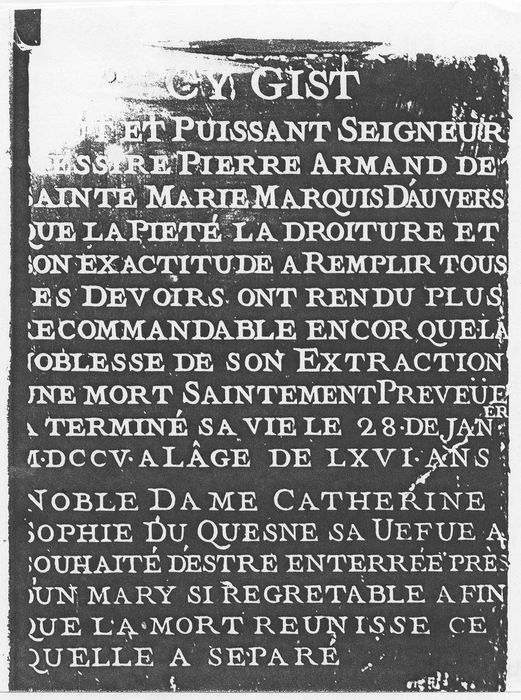 Plaque funéraire de Pierre-Armand de Sainte-Marie, marquis d'Auvers