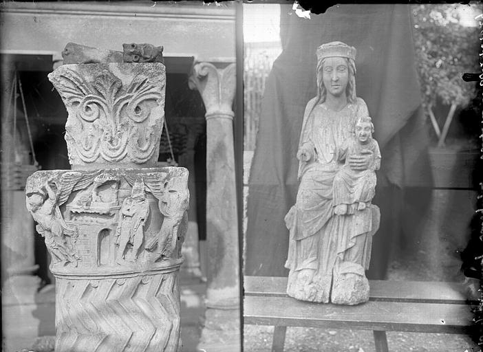 Deux chapiteaux. Statue en bois : Vierge à l'Enfant dite Vierge noire de Savigny