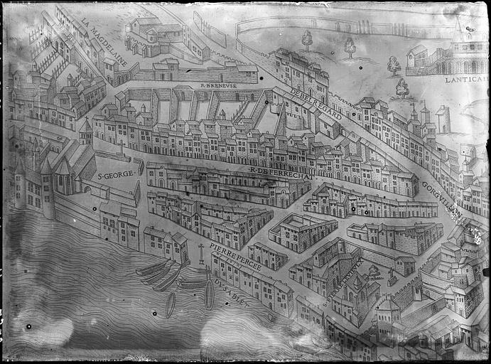 Gravure : Plan du quartier entre l'église Saint-Georges et l'église Saint-Pierre-le-Vieux