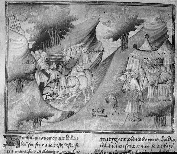Manuel d'histoire de Philippe VI de Valois. Miniature : Asdrubal est vaincu par les Romains