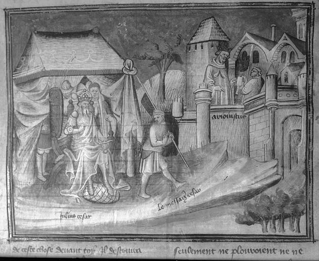 Manuel d'histoire de Philippe VI de Valois. Miniature : Jules César envoie un messager à Arioviste