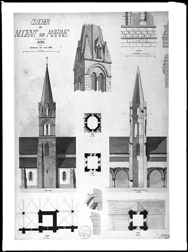 Clocher, façade : plans et coupes