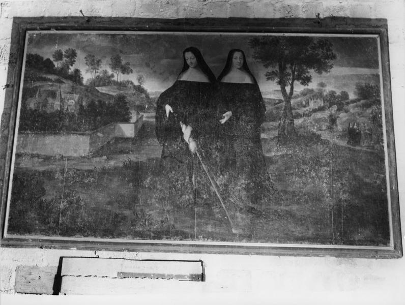 tableau : La Fondation de l'abbaye par sainte Berthe, deux religieuses dans un jardin