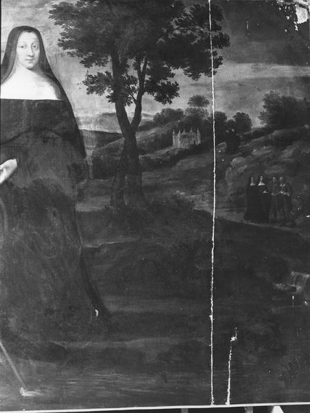 tableau : La Fondation de l'abbaye par sainte Berthe, détail d'une religieuse