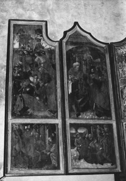 retable : Scènes de la vie du Christ, volets ouverts, quatre scènes peintes dont L'Entrée du Christ à Jérusalem, Le Christ devant Caïphe, Le Christ devant Pilate