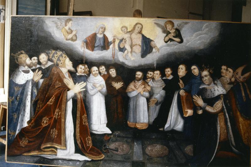 Tableau, cadre commémoratif de la fondation en 1616 d'une confrérie du Rosaire