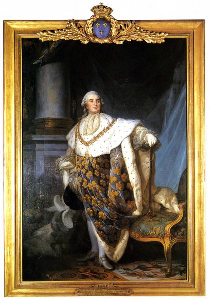 Tableau et son cadre : portrait en pied de Louis XVI en costume de sacre