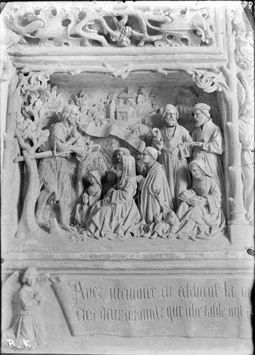 Retable : scène de la vie de Saint-Jean-Baptiste, détail : saint Jean-Baptiste prêchant, bas-relief, pierre