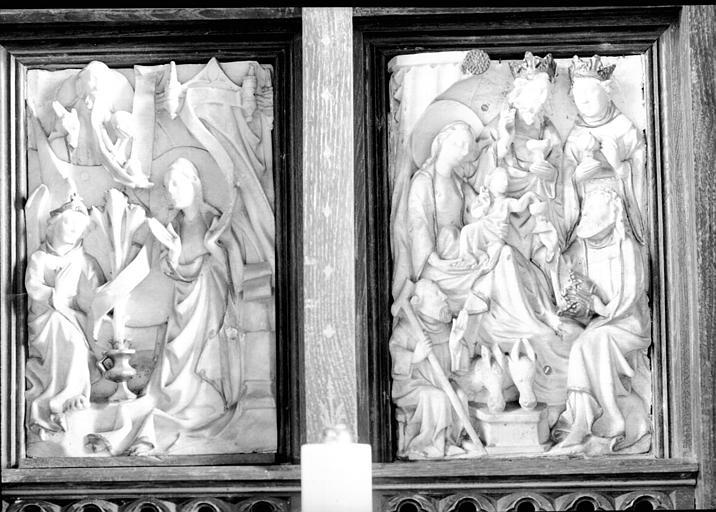 Deux hauts-reliefs en albâtre, atelier de Nottingham : Annonciation, Adoration des Mages