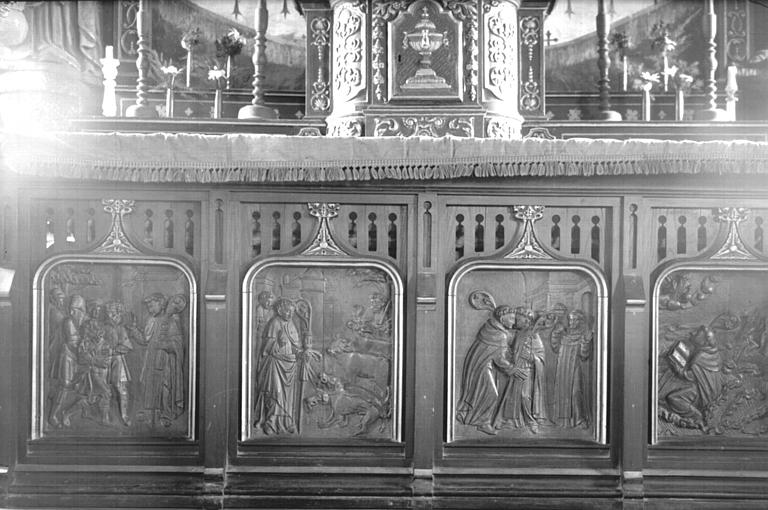 Tombeau d'autel formé de quatre bas-reliefs en bois : Histoire de saint Gildas