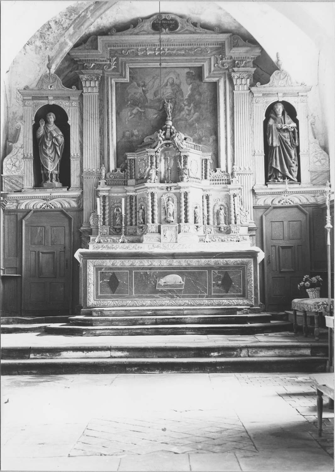 autel, retable, tabernacle, exposition, tableau, 2 statues (maître-autel) : l'Assomption