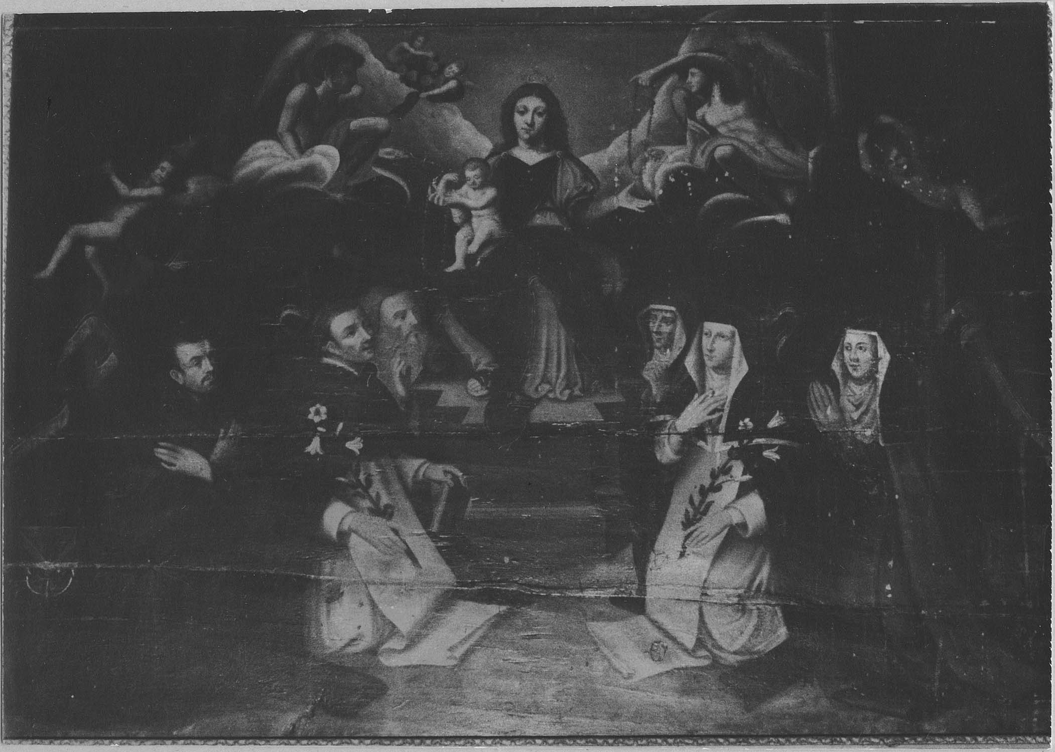 Tableau : l'Institution du Rosaire avec saint Dominique, sainte Catherine-de-Sienne et des donateurs