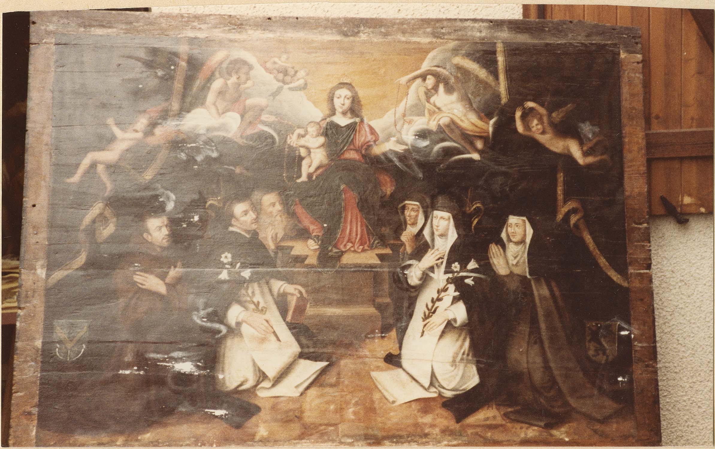 tableau : l'Institution du Rosaire avec saint Dominique, sainte Catherine-de-Sienne et des donateurs