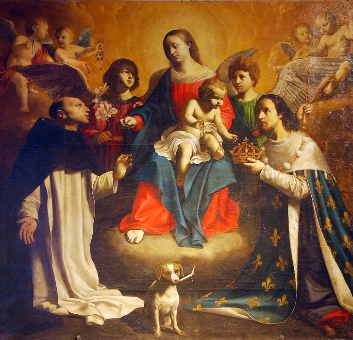 tableau : Vierge du Rosaire entre saint Dominique et saint Louis