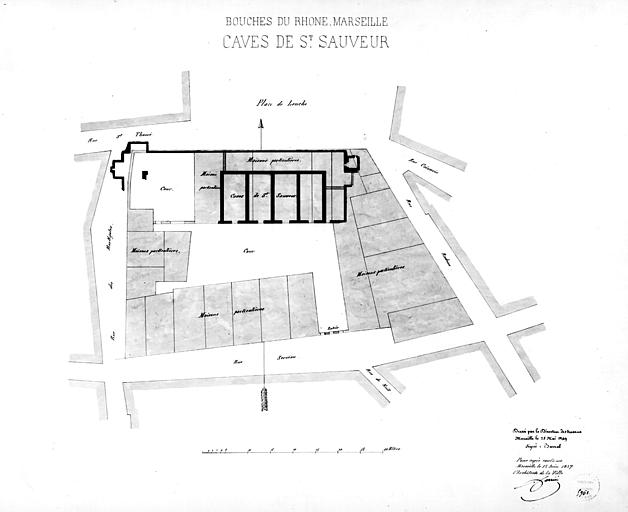 Plan des caves en 1849, copie en 1857 : ensemble, état avant et après restauration