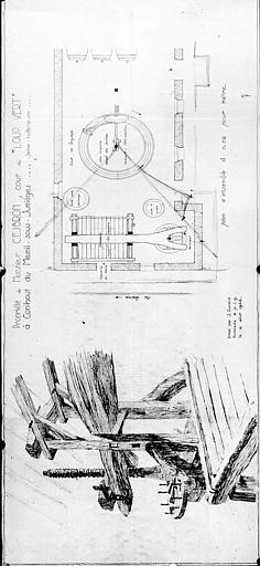 Propriété de Monsieur Cesbron : croquis d'un pressoir et plan de la cour du Loup-Vert