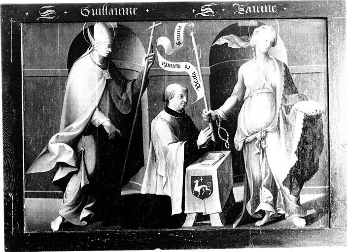 Retable en bois peint, panneau de l'Ordre de la Muci, revers : saint Guillaume, donateur et sainte Savine