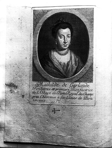 Gravure formant la page de garde d'un manuscrit : Mathilde de Garlande