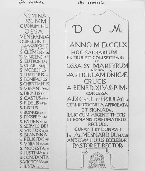 lambris de revêtement, détail d'un relevé des textes gravés sur deux panneaux des lambris du croisillon nord du transept