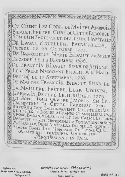 plaque funéraire d'Ambroise Bidault et de trois membres de sa famille, vue générale du relevé - © Ministère de la Culture (France), Médiathèque du patrimoine et de la photographie (objets mobiliers), tous droits réservés