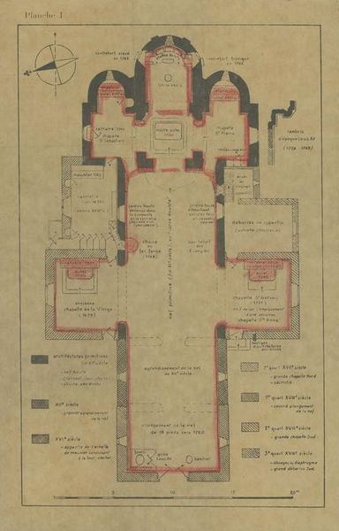 plan de l'édifice lors des restaurations des lambris de revêtement et des retables